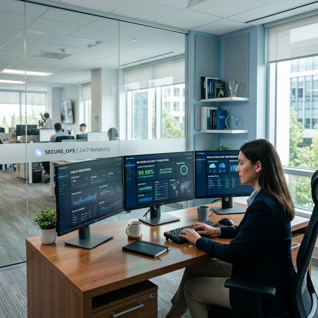 A polished, quiet workspace with clean desks, glass partitions, and soft daylight.
