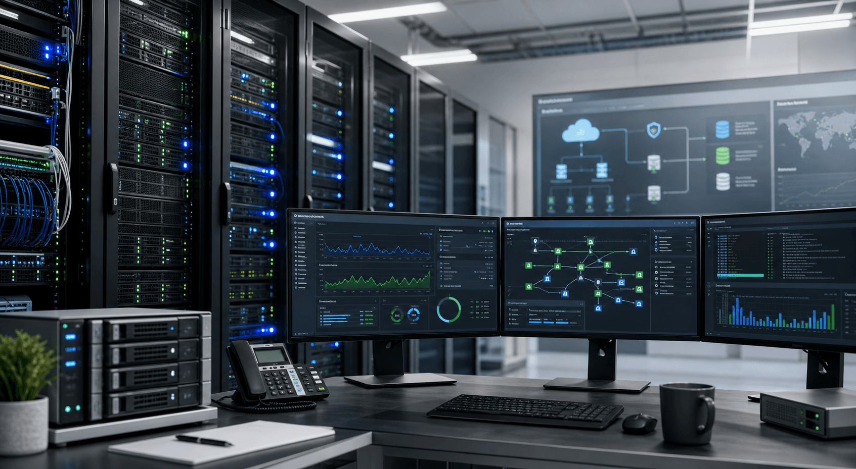 Server room and monitoring dashboards for production infrastructure
